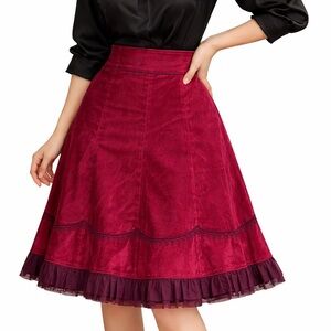 Burgundy Wine Velvet Embroidered Contrast Lace Ruffle‎ Skirt Western Cowgirl